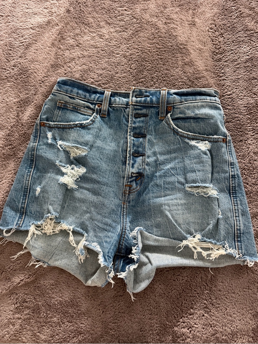 Abercrombie & Fitch Distressed Button-Fly Denim Shorts - Light Blue